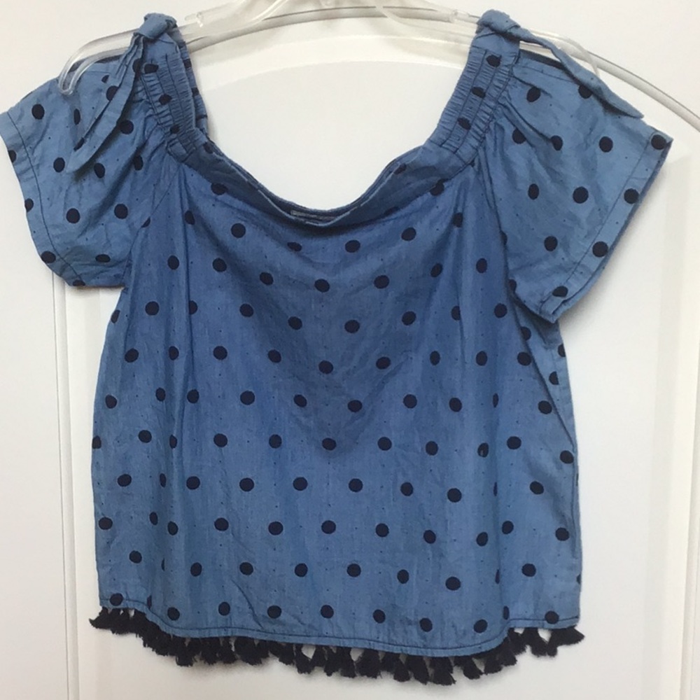 Blue polka dot “Joy Joy” off the shoulder top